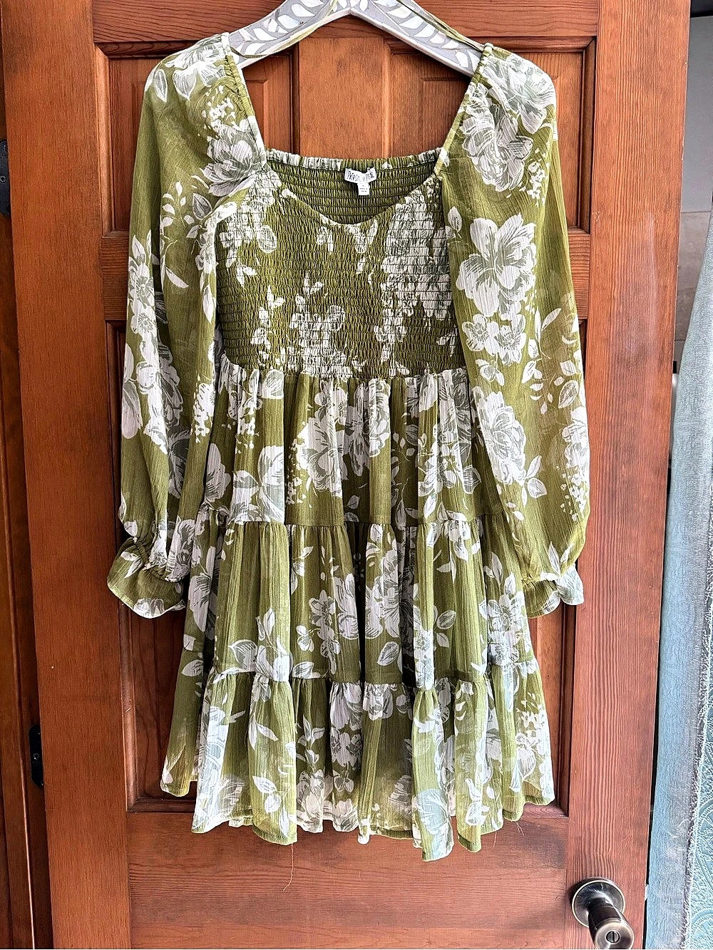 Patrons of Peace Sage Green Floral Smocked Tiered Mini Dress Small